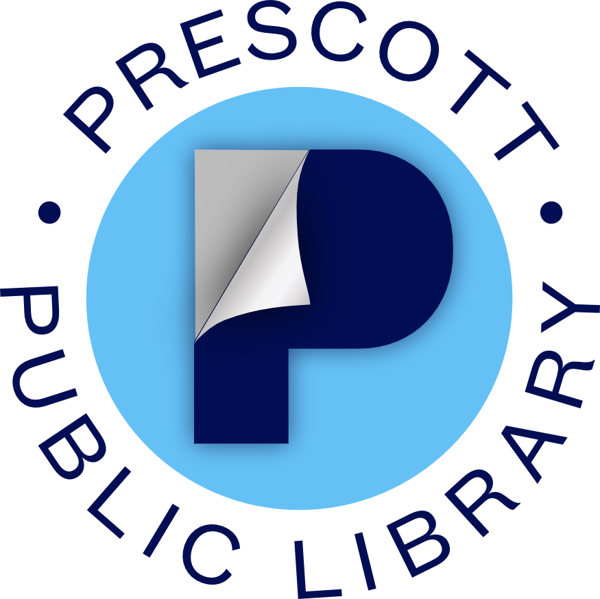 Prescott Public Library Logo featuring a dark blue P opening like a book in front of a light blue circle and Prescott Public Library encircling it.