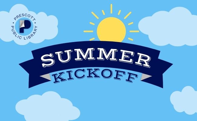 Navy blue banner saying Summer Kickoff in front of a sky blue background with clouds and sun.