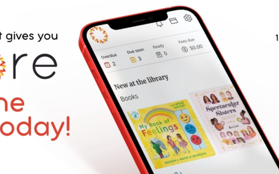 Promotional graphic for the MORE library app, featuring the app's interface on a red smartphone and text encouraging app download.